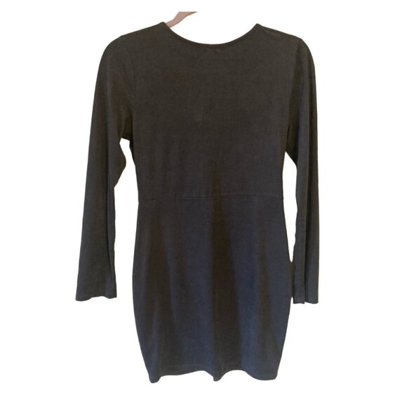 Y2K Blue Blush Tie Front Fitted Gray Mini Dress Faux Suede Long Sleeves Medium - Picture 2 of 7